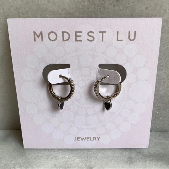 Modest Lu Jewelry - Silver Crystal Paved Heart Hoop Huggie Earrings